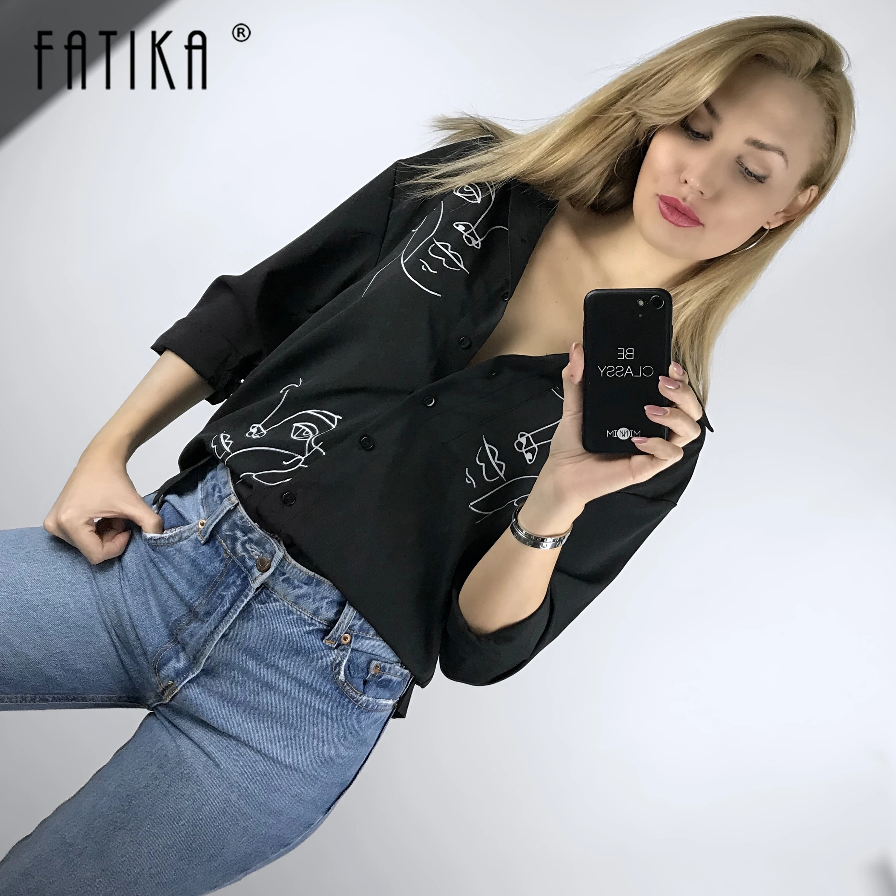 FATIKA Свободная блузка Boyfriend рубашки с принтом персонажей весенние топы 2019 летняя