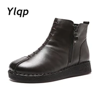 ylqp 2022 winter vintage style genuine leather women boots flat booties soft cowhide womens shoes zip ankle boots zapatos mujer