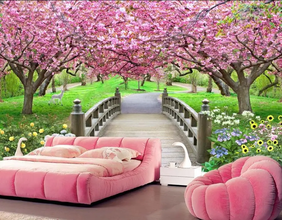 3d фрески на заказ красивые вишневые деревья маленький мост пейзаж стену фреска