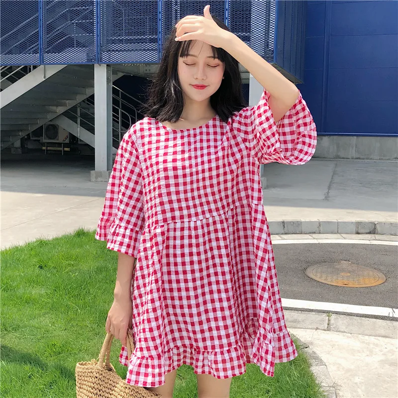 2018 Summer New Female Korean style loose Flare Sleeve short-sleeved Retro plaid Dress Student Fashion Sweet Cute | Женская одежда