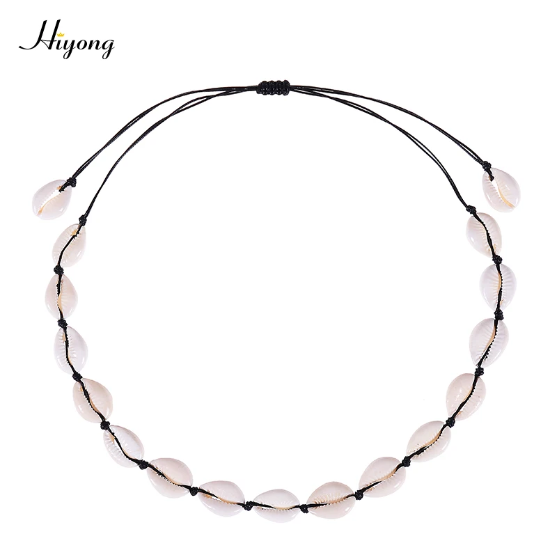 Black-Shell Necklace HIYONG, новая мода, натуральный Каури, ожерелье, ручная работа, Тканое, регулируемое, бохо, Гавайское море, пляж, чокер для женщин, девушек, ювелирное изделие - Окраска металла: Black-Shell Necklace
