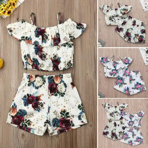 Дети комплект одежды для маленьких девочек с открытыми плечами цветок на полях