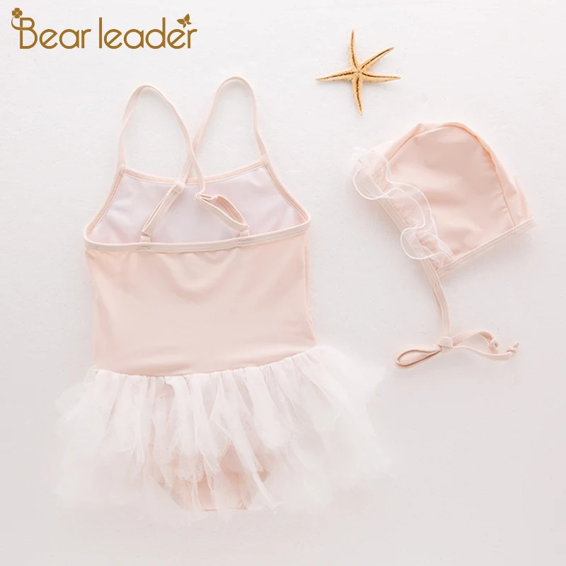 Bear Leader/купальный костюм для девочек, детская одежда для купания, Сетчатое платье с лебедем и шапочка для плавания, купальный костюм для девочек, летнее платье для детей 2-6 лет