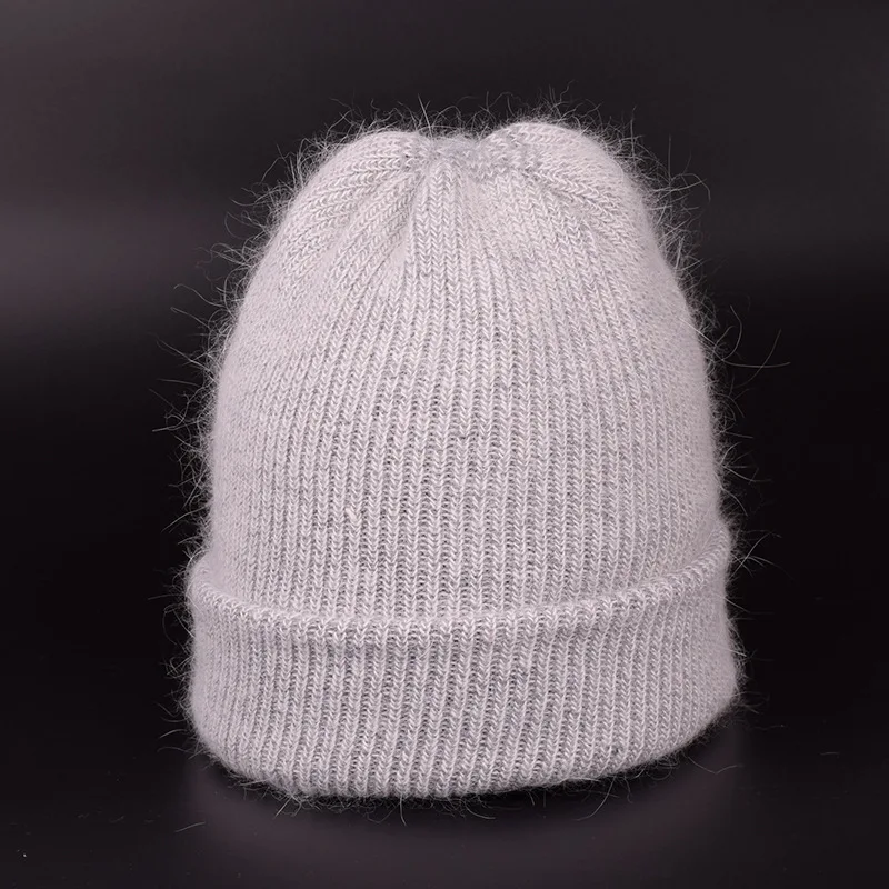 Light gray Зимние шапки для женщин из ангоры, вязаные шапки бини, шапка в стиле хип-хоп gorros, вязаная шапка из шерсти, классические цветные шапки для девочек, мужская шапка - Цвет: Light gray