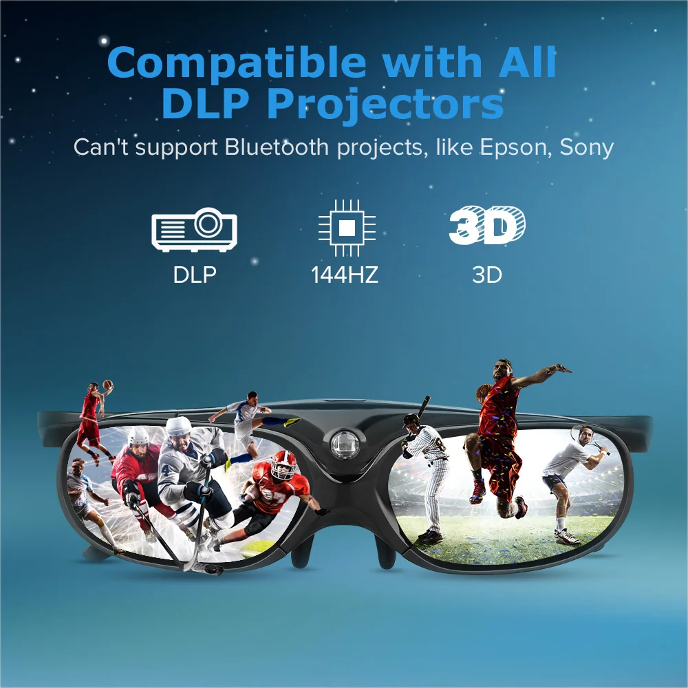 Elikliv 3D очки с активным затвором DLP Link зажимом совместимы проецирующими очками для