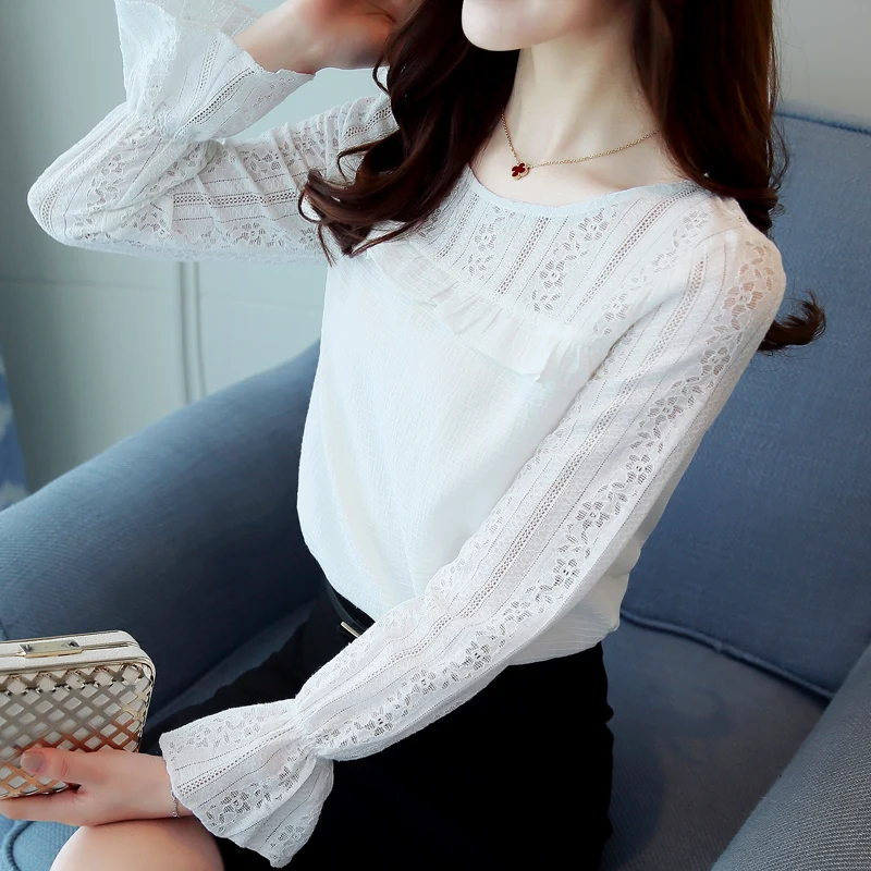 Flyyedemo Для женщин блузка рубашка 2017 Новая мода осень розовый Шифоновая Кружево