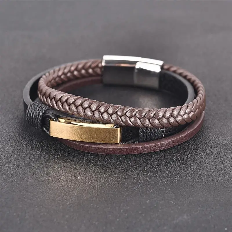 Jiayiqi New Vintage Genuine Leather Bracelet Stainless Steel Magnetic Clasp Bangle for Men Jewelry Punk Braid Multilayer Rope | Украшения и