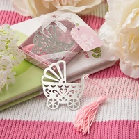 50pcs silver metal baby crib design bookmark with pink tassel baby girl birthday party giveaway wa3960