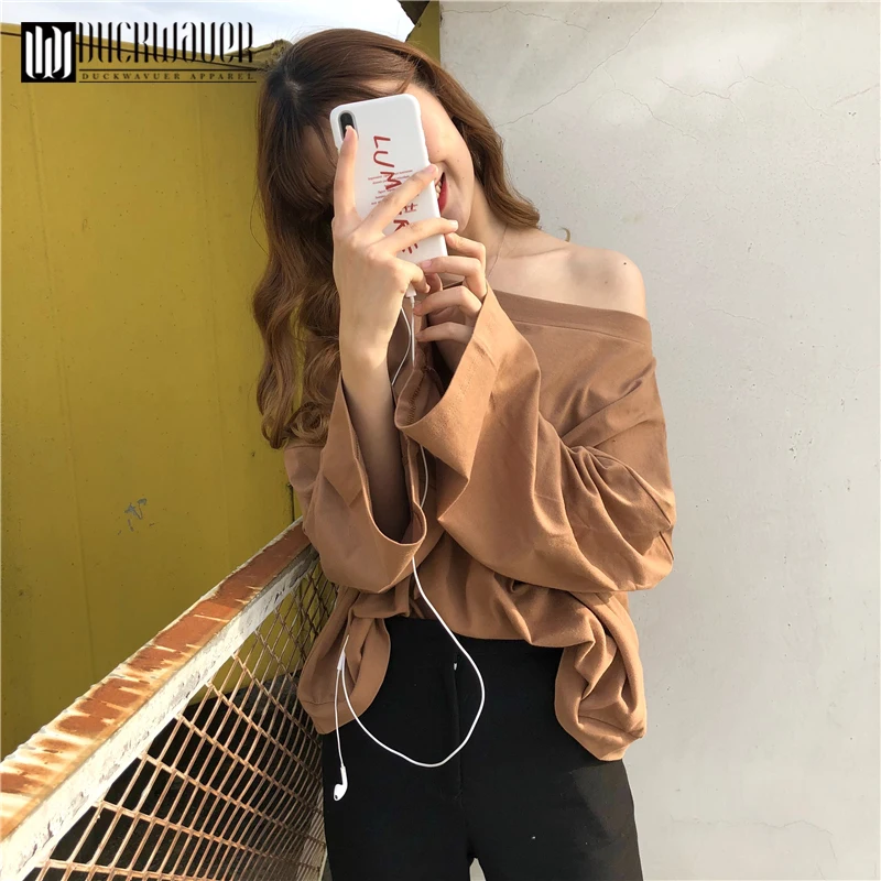 Duckwaver 2019 новый стиль модная женская Однотонная футболка с вырезом лодочкой рукав
