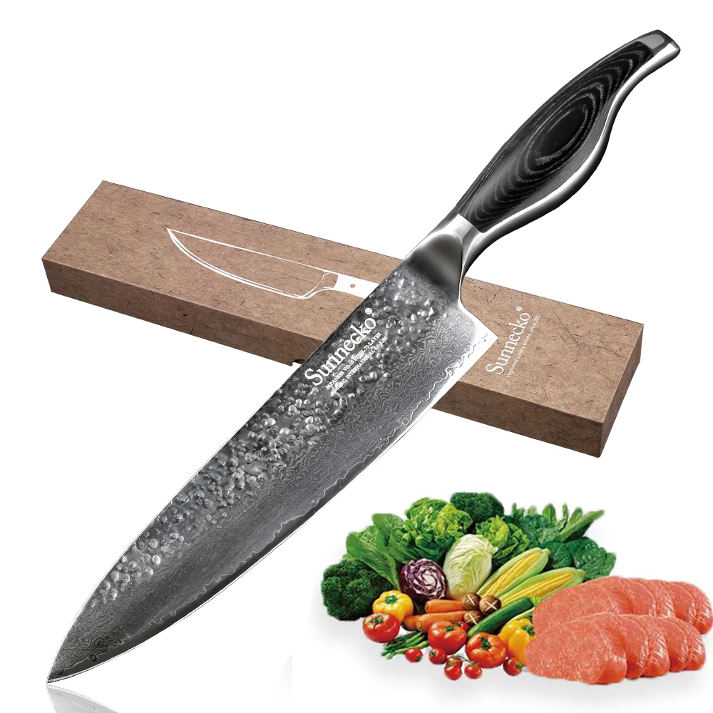 

SUNNECKO 8" inch Chef Knife Japanese Damascus Steel Blade Kitchen Knives Pakka Wood Handle Razor Sharp Blade 60HRC Cutting Tools