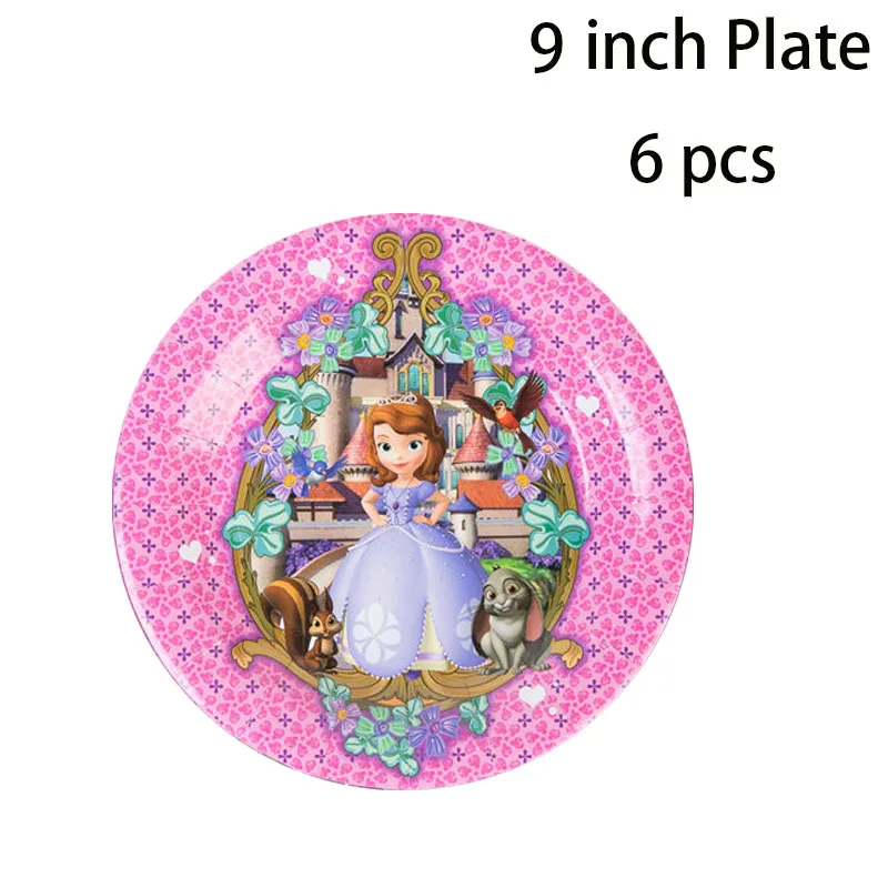 9 inch plate 6 Pcs София тема принцесс дети день рождения украшения поставки Одноразовая бумажная тарелка салфетки Кубок Флаг подарок на вечеринку в честь рождения ребенка - Цвет: 9 inch plate 6 Pcs