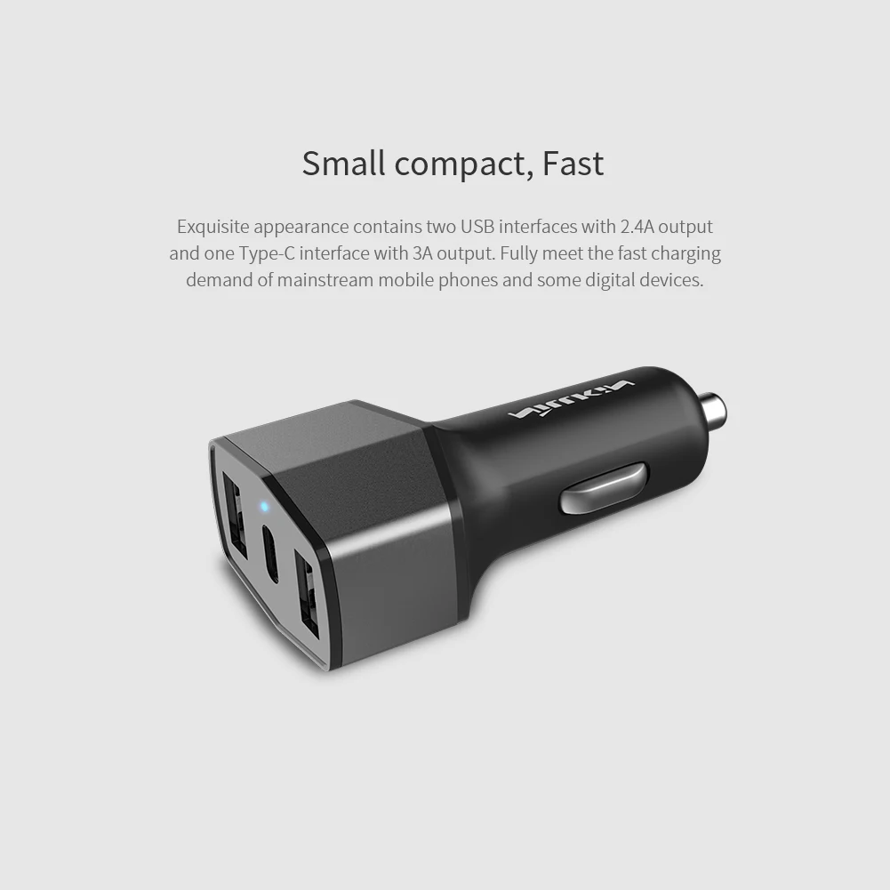 Nillkin 3 порта двойное автомобильное зарядное устройство 32 Вт 6.4A 2 USB + адаптер Type-c