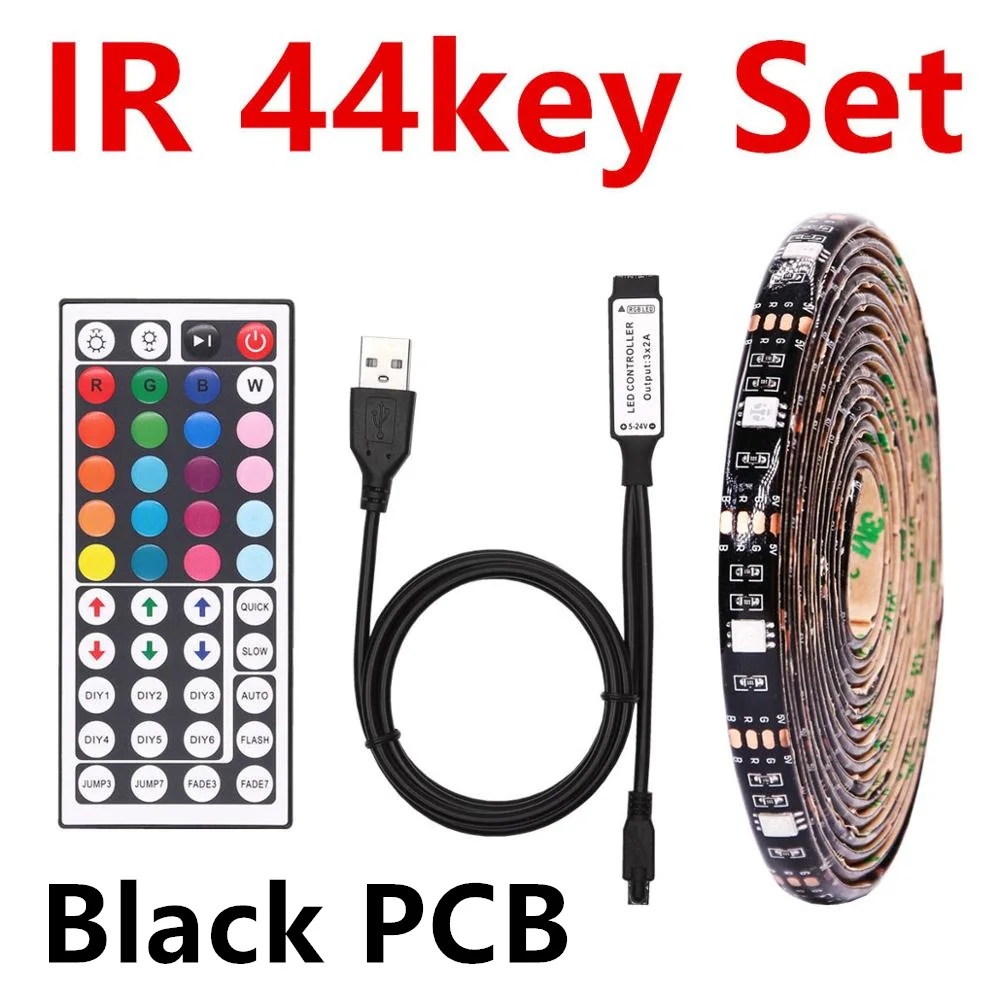 Black PCB 44key Set 5050 RGB Светодиодная лента Водонепроницаемая 5 В USB светодиодный светильник 30 светодиодный/м Гибкий неоновый светильник лента с поддержкой wifi Пульт дистанционного управления ТВ ПОДСВЕТКА - Испускаемый цвет: Black PCB 44key Set