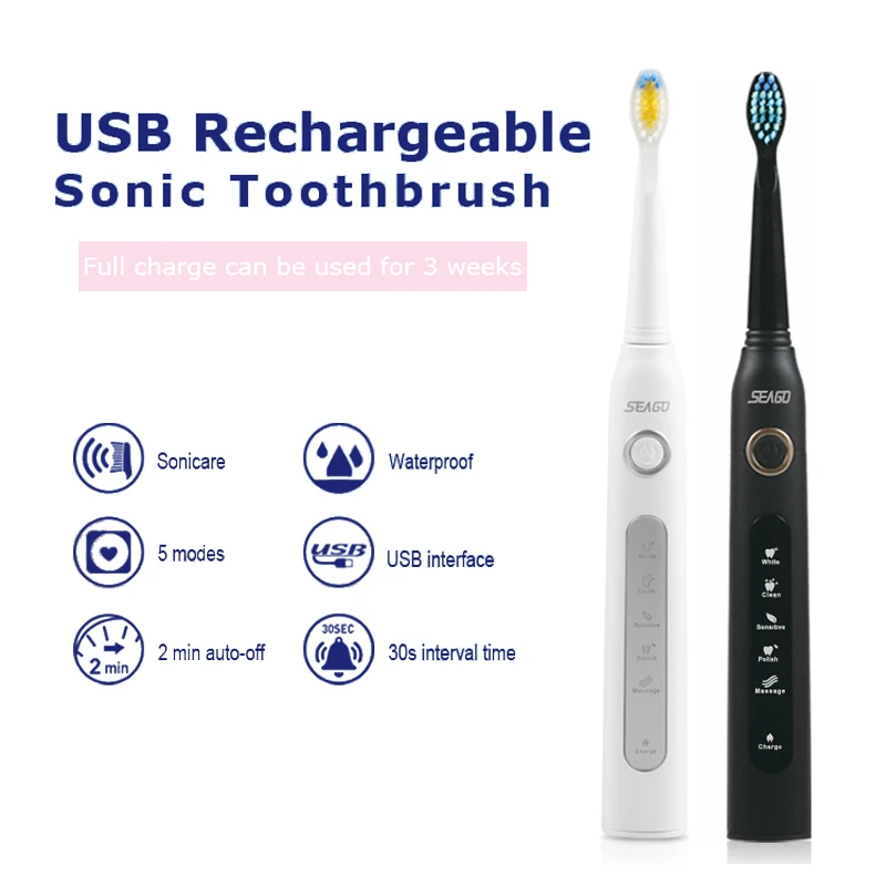 Зубная щетка аккумуляторная ультразвуковая с USB-зарядкой и насадками | Бытовая