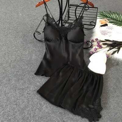 black 2pcs Herislim, женская пижама, Халат+ подтяжки+ майка+ шорты, 4 шт., Атласный пижамный комплект, Сексуальная кружевная Пижама, одежда для сна, Элегантная ночная рубашка, домашняя одежда - Цвет: black 2pcs