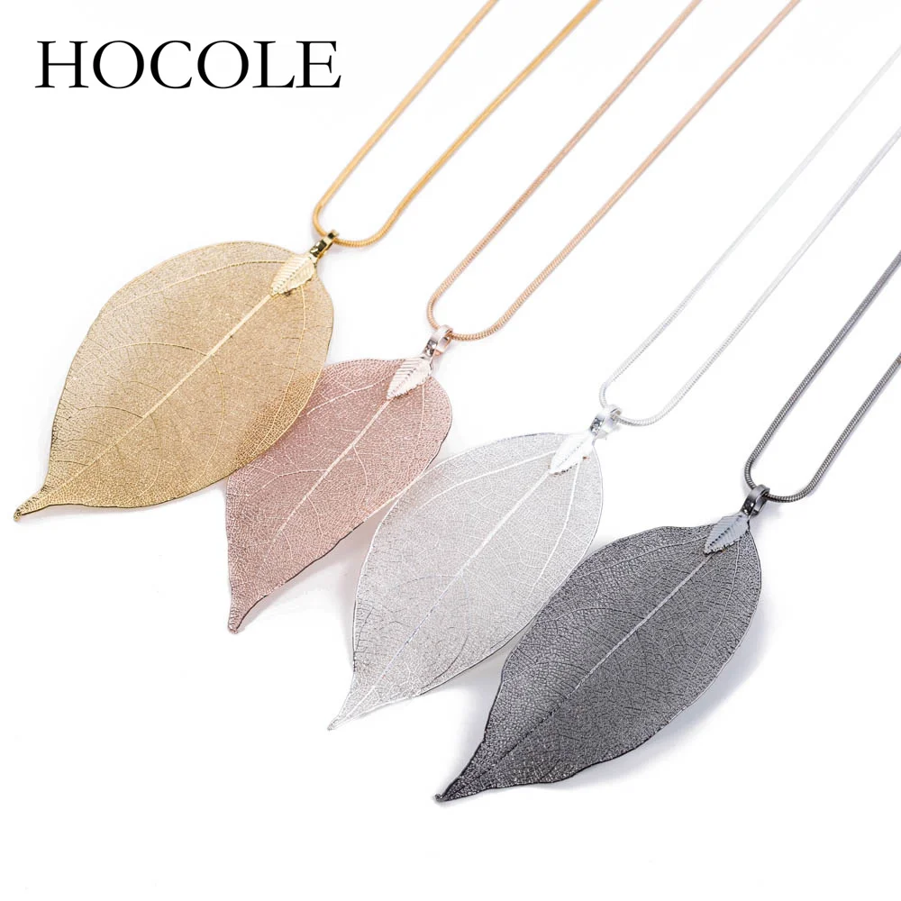 

HOCOLE Fashion New Jewelry Maxi Necklace Rose Gold Color Chain Real Leaf Design Necklaces & Pendants Women collier femme Gift