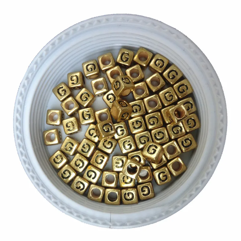 

2600PCS 6*6MM Single Letter G Printing Cube Golden Acrylic Alphabet Beads 3D Square Shape Big Hole Kint Name Bracelet Beads