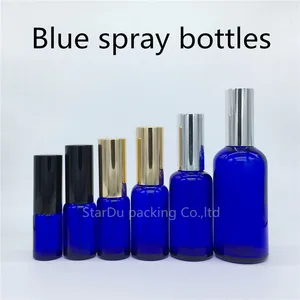 10 мл 15 мл 20 мл 30 мл 50 мл 100 мл синяя стеклянная бутылка с парфюмом Алюминиевый распылитель, стекла для распыления эфирного масла Синие бутылки 500 шт.