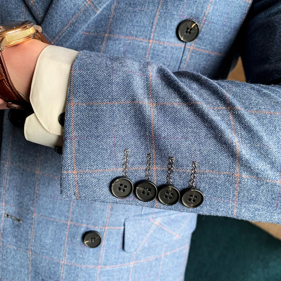 

Men Double Breasted Suit Stylish Mens Plaid Suits Elegant Wedding Party Dress Khaki Light Blue Jacket Pants Vest