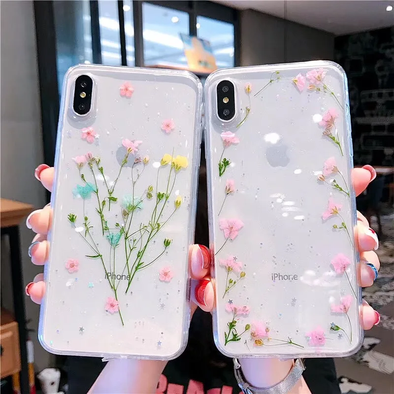 Прозрачный чехол Tfshining с настоящими высушенными цветами для iPhone 12 11 Pro Max 7 8 Plus X 6S XS