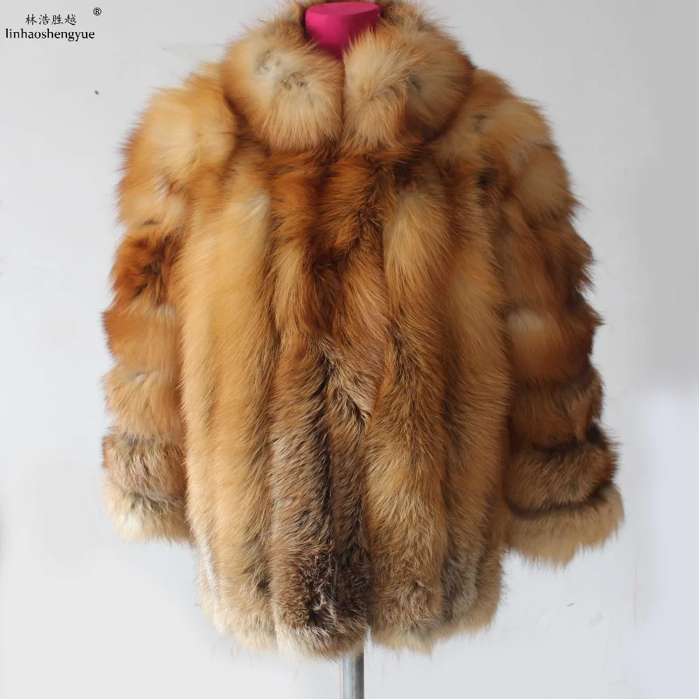 Linhaoshengyue 70cm Fashion Women Red Fox Fur Coat with Stand Collar