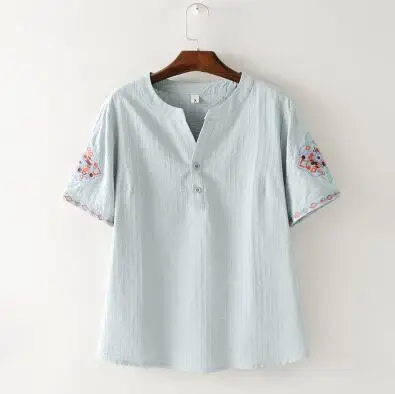 2019 элегантная женская футболка с коротким рукавом из хлопка и льна вышивкой для
