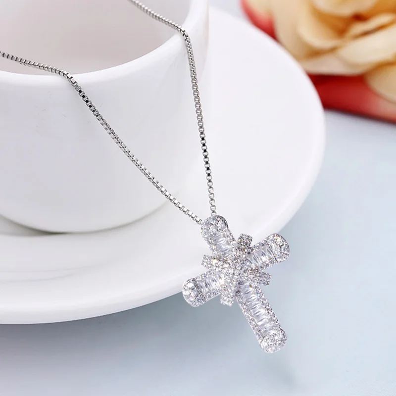silver box chain Новинка, классическое Золотое серебряное ожерелье с кулоном в виде Креста для женщин, модное ожерелье с кубическим цирконием и христианским крестом, ювелирное изделие, подарок - Окраска металла: silver box chain