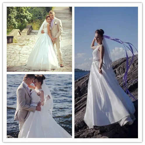 Новая Коллекция Весна Scoop Шеи Белый Дешевые Кружева Свадебные Платья Бич