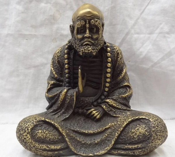 

8" Chinese Bronze Buddhist Arhat Damo Bodhidharma Dharma Buddha Bead Statue