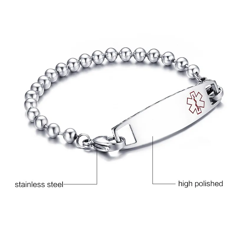 Медицинский браслет из нержавеющей стали с гравировкой и бисером|steel natural|bracelet