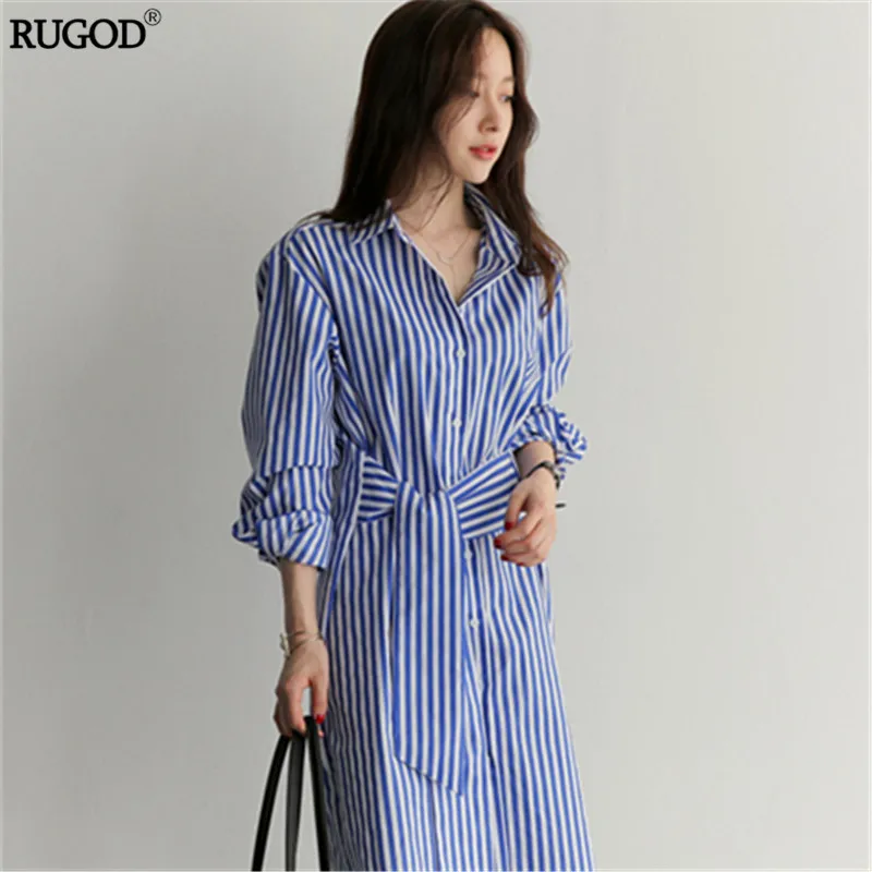 Rugod Blue Striped Tunic Shirt Dress Women Long Sleeve Elegant Straight Female Cusual Summer Office Ladies Vestidos | Женская одежда