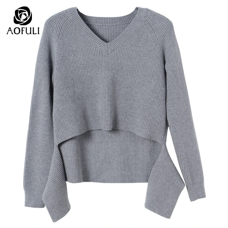 AOFULI Chic Plus Размеры Для женщин серый свитер трикотажный пуловер укороченный топ