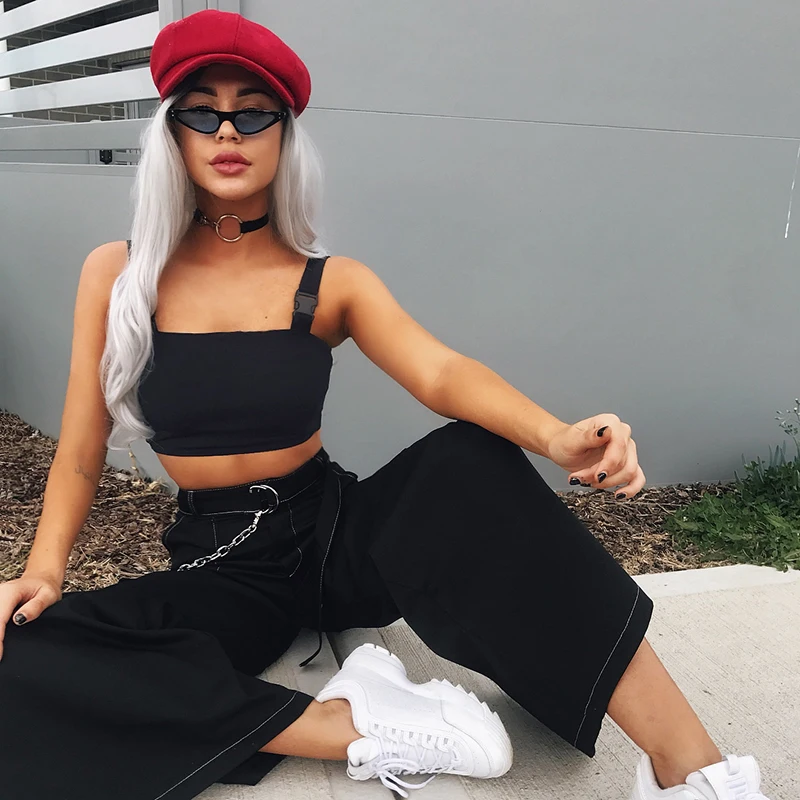 Harajuku Gothic Fashion 2019 Summer Black Buckle Women Vest Sleeveless Crop Tops Hip Hop Streetwear Sexy Short Cropped Tank Top |
