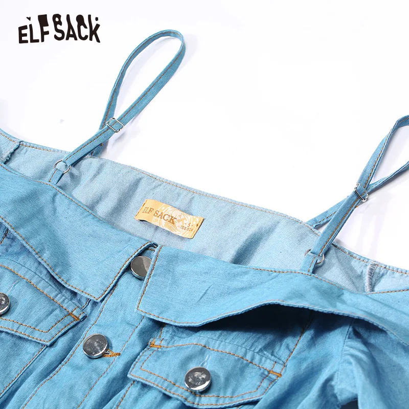 Женские винтажные джинсовые платья ELF SACK небесно голубое дамское хлопковое