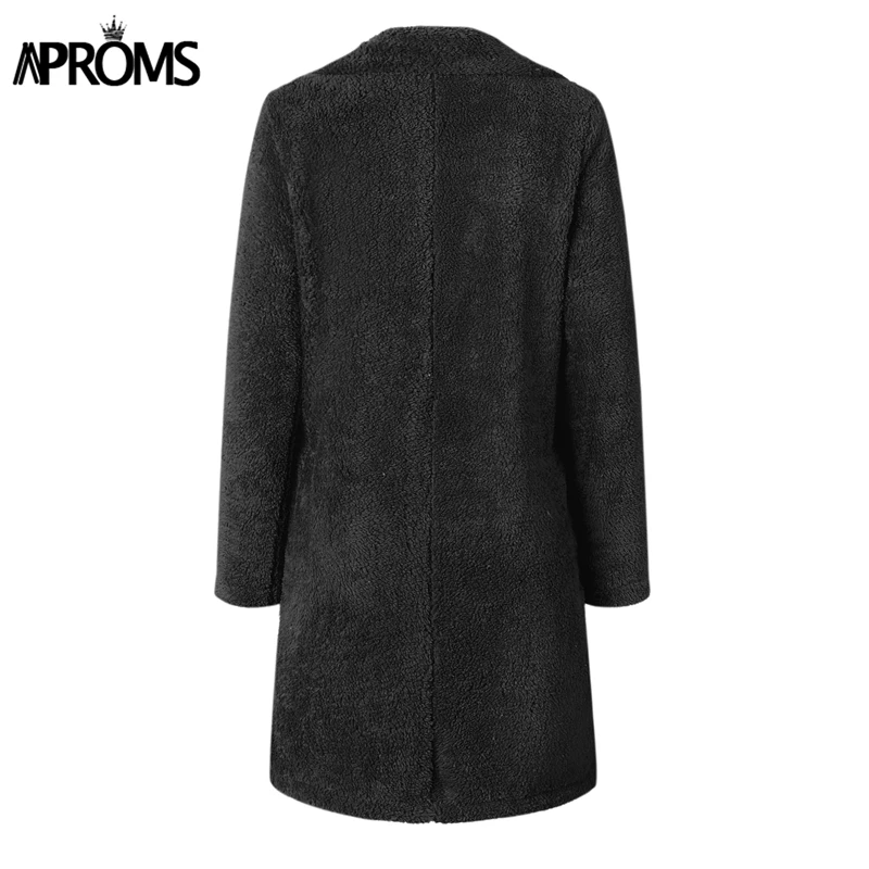 Aproms одноцветное Цвет отложной воротник Для женщин Длинная Куртка зима-осень уличная открытым Стиль зеленый Теплый плюш пальто Верхняя одежда