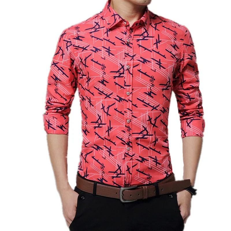 Мужская хлопковая рубашка с длинным рукавом принтом|men long sleeve shirt|shirt casualf shirts |