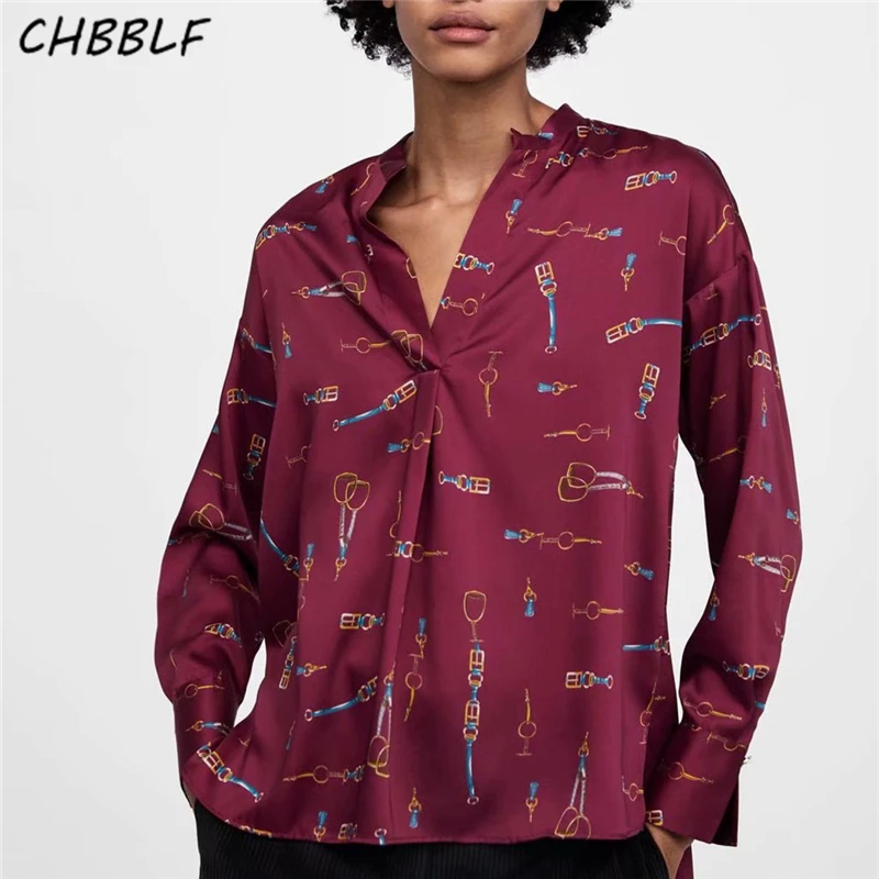 

CHBBLF women sweet print blouse long sleeve V neck casual loose shirt female vintage tops blusas O8909