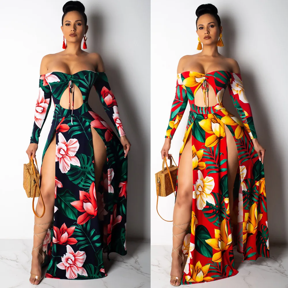 Women Printing Dress Sexy Off Shoulder Backless Cut Out Chest High Split Dresses Club Fashion Wear Night Floral Robes | Женская одежда