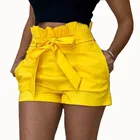 Шорты женские оверсайз свободного покроя, пляжные модные короткие штаны с карманами, с широкими штанинами, повседневные короткие брюки с оборками, с поясом красного и желтого цветов, на лето