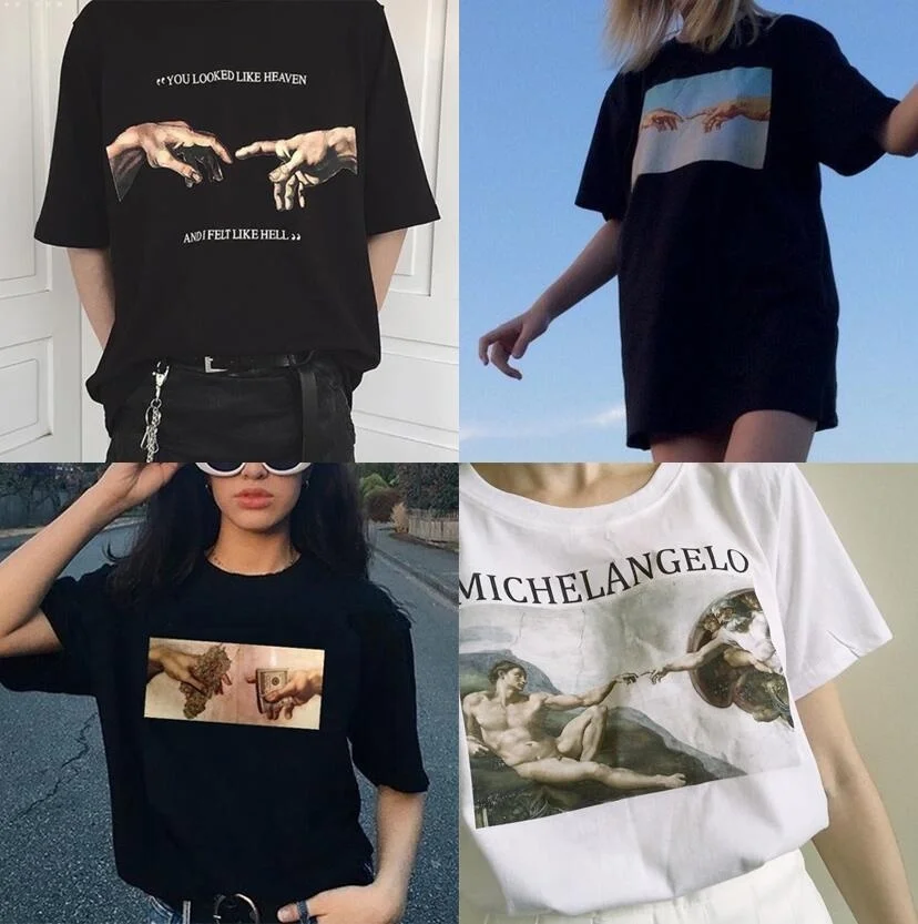 Футболка kuakuayu HJN Michelangelo Sistina Harajuku Ulzzang художественная футболка Ван Гога женская