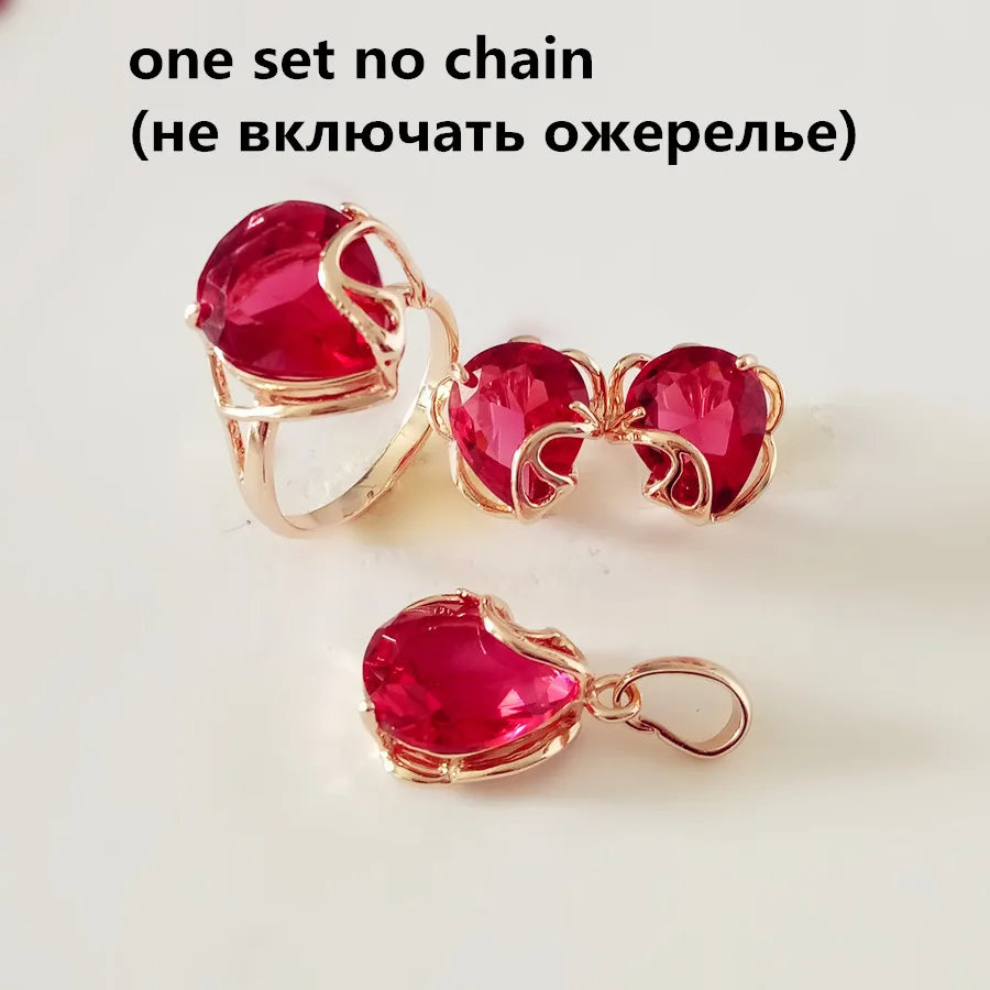 set no chain Роскошный свадебный ювелирный набор из 585 золотого цвета, модное свадебное ожерелье с красным кубическим цирконием в форме сердца+ серьги+ кольцо, ювелирные наборы - Окраска металла: set no chain