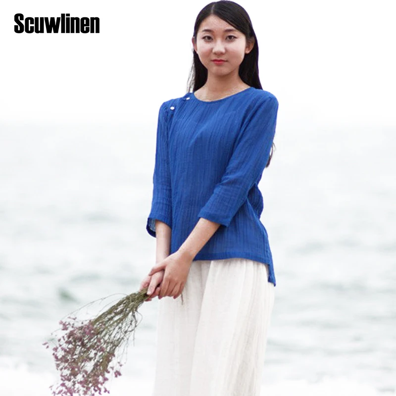 Женская футболка SCUWLINEN Повседневная Свободная с круглым вырезом и рукавом три