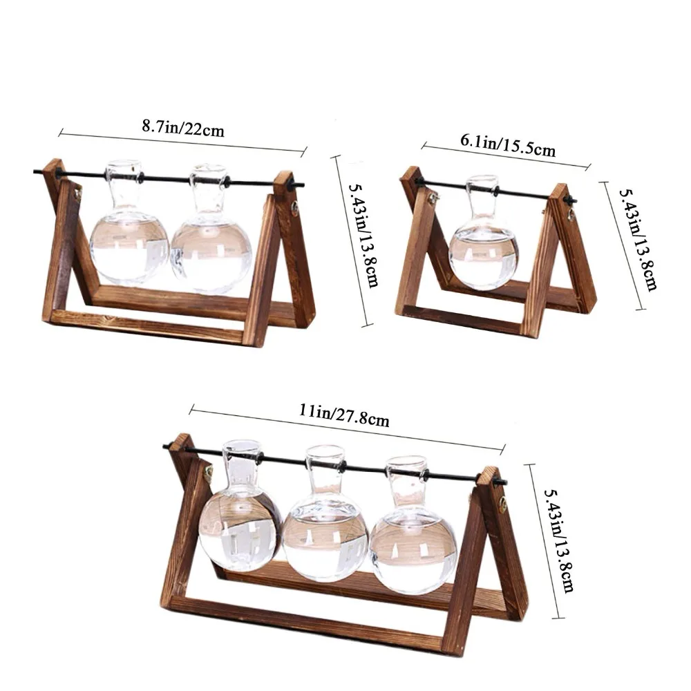 Glass Wood Planter Bulb Vase Terrarium Table Hydroponics Plant Bonsai Flower Pot Hanging Pots Home Decoration with Wooden Tray