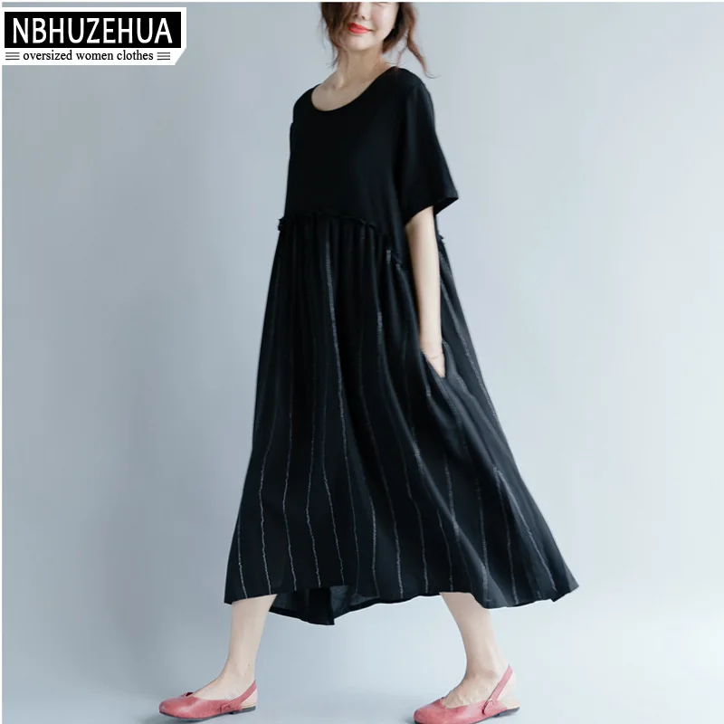 NBHUZEHUA 7G805 женское платье модель 3XL 4XL 5XL винтажное в полоску хлопковое льняное