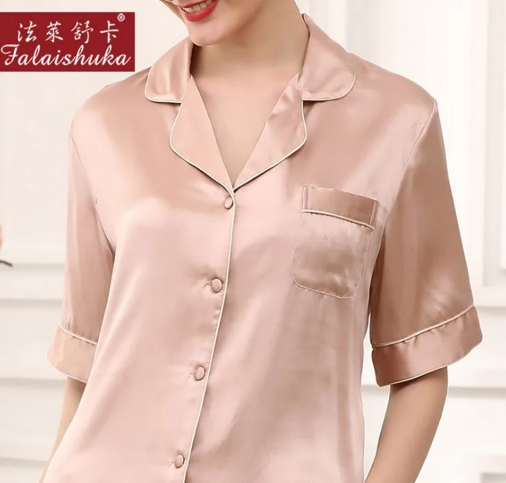 Women's Pajamas Sets 100% Silk Plus Size Summer 2019 New Lady Silk Stain Solid Short Sleeve Tops and Pants Two Pieces Sets