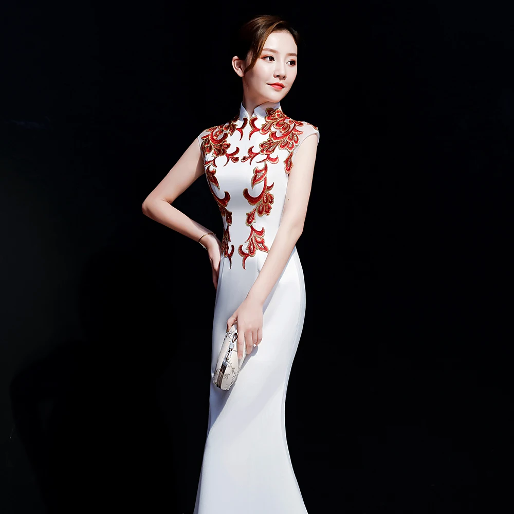 

Vintage Embroidery Short Sleeve Cheongsam Summer Sexy Slim Mermaid Qipao Full Length Mandarin Collar Women Dress Vestidos