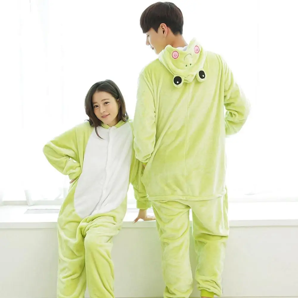 Adults Animal Kigurumi Green Frog Pajamas Sets Sleepwear Cosplay Zipper Onesie Hooded Women Men Winter Unisex Cartoon Pajamas