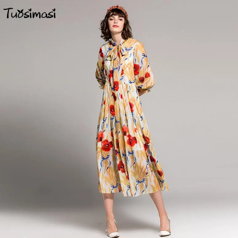 2018 Весна Для женщин Elegante цветочный принт длинный лук праздник фонарь рукав