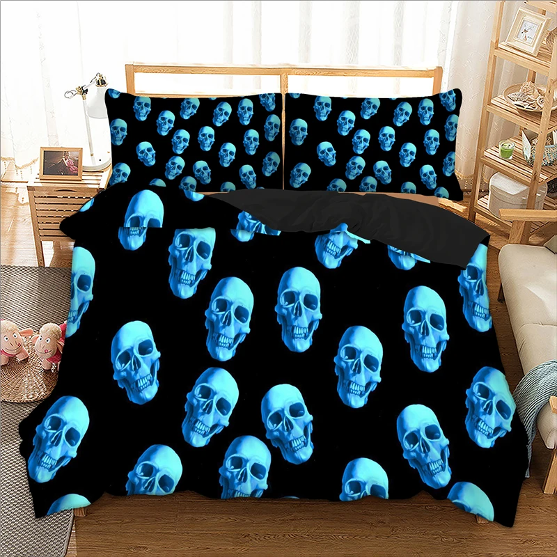 

Blue Sugar Skull Printed Bedding Set Gothic Double Queen King Duvet Cover Set Single Twin Full Sizes Bedclothes For Teen Adult