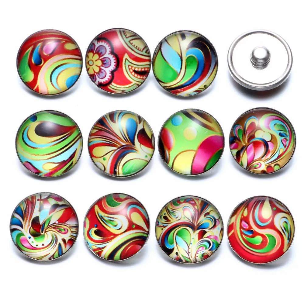 12pcs/lot Colorful Painting Themes Glass Charms 18mm Snap Button Jewelry For Snaps Bracelet KZ0670|18mm snap button jewelry|snap jewelrybutton